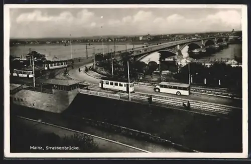 AK Mainz, Strassenbrücke, Strassenbahn, Rhein