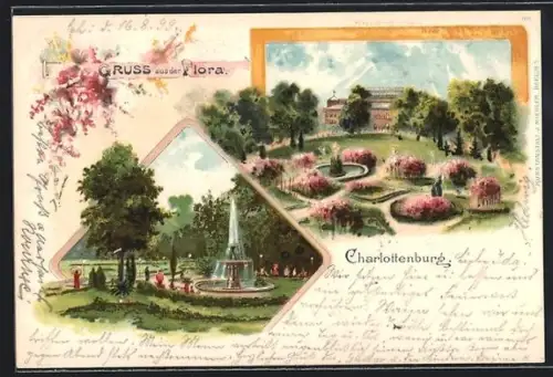 Lithographie Berlin-Charlottenburg, Flora, Parkanlage, Brunnen