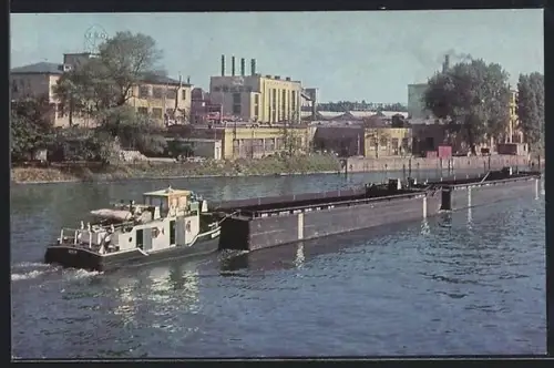 AK Berlin-Oberschöneweide, Transformatorenwerk Karl Liebknecht, Spree, Frachtschiff