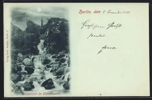 Mondschein-AK Berlin-Kreuzberg, Wasserfall im Viktoriapark