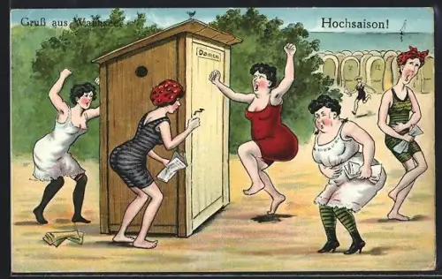 AK Berlin-Wannsee, Damenbad, Karikatur, Hochsaison!