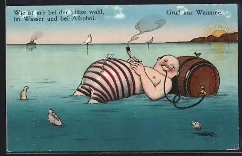 AK Berlin-Wannsee, Badegast mit Bierfass