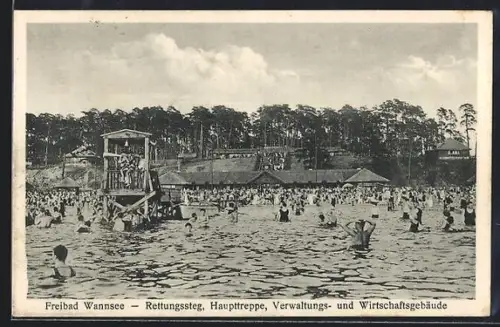 AK Berlin-Wannsee, Freibad, Rettungssteg, Haupttreppe, Verwaltungs-und Wirtschaftsgebäude