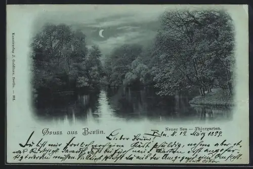 Mondschein-AK Berlin, Neuer See, Tiergarten, nächtliche Seeansicht