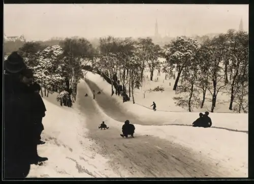 Fotografie Karl Pache, Berlin, Ansicht Berlin, Kinder auf Schlitten beim Rodeln am Kreuzberg, Rodelbahn
