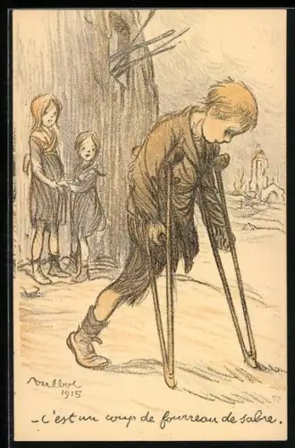 Künstler-AK C`est une coup de fourreau de sabre, Knabe mit amputiertem Bein