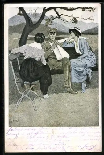 Künstler-AK Brynolf Wennerberg: Daheim, kriegsverwundeter Soldat mit Frauen auf der Bank