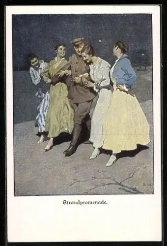 Künstler-AK Brynolf Wennerberg: Strandpromenade, Soldaten mit vier jungen Damen