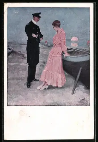 Künstler-AK Brynolf Wennerberg: Am Strand, Ein Kapitän hat eine Verabredung mit einer jungen Dame bei Abenddämmerung