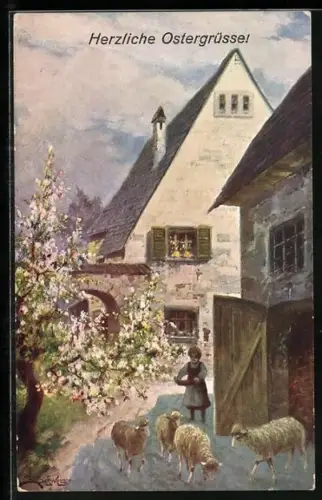 Künstler-AK Leopold Schweiger: Kind beim Füttern von Schafen