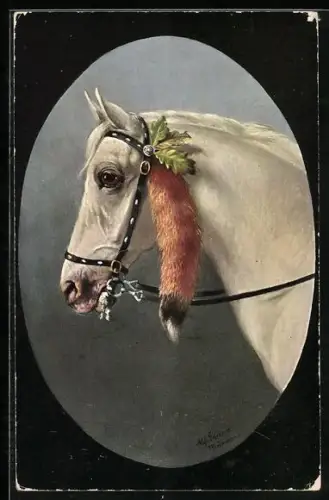 Künstler-AK Alfred Schönian: Pferd geschmückt mit Fuchsschwanz