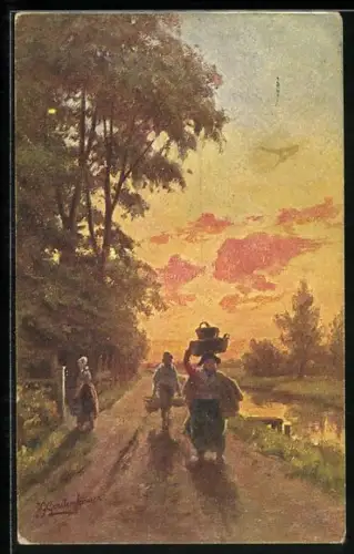 Künstler-AK Johan Georg Gerstenhauer: Bauern auf einer Landstrasse während der Dämmerung