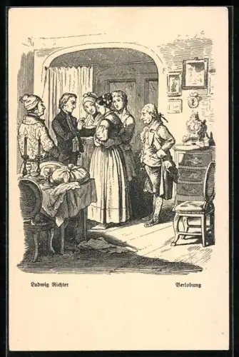 Künstler-AK Ludwig Richter: Verlobung, ein Paar gibt sich das Eheversprehen im Kreise ihrer Familien