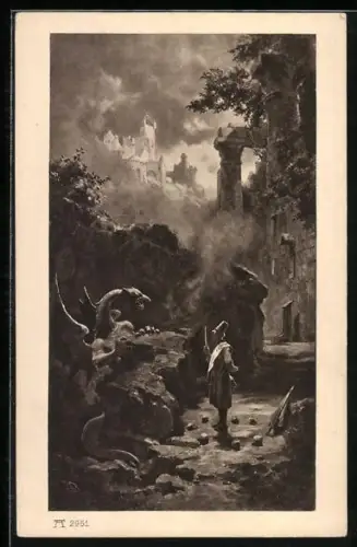 Künstler-AK Carl Spitzweg: Hexenmeister konfrontiert einen Drachen