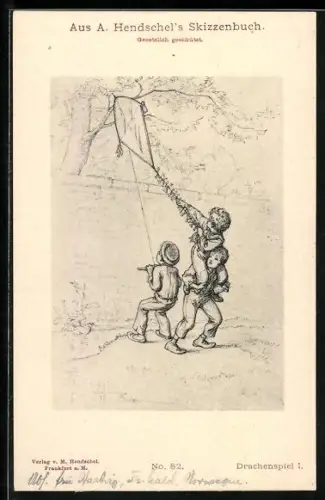 Künstler-AK Albert Hendschel: Drei Jungen wollen ihren Drachen aus einem Ast befreien