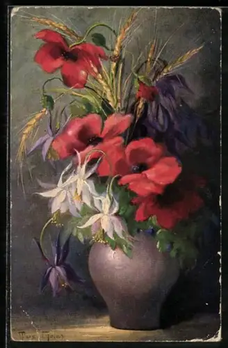 Künstler-AK Mary Golay: rote, weisse und lila Blumen in einer Vase