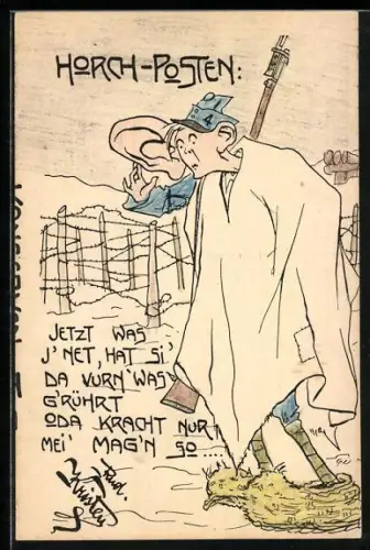 Künstler-AK Rud. Kristen: Bewaffneter Horchposten mit riesigem Ohr