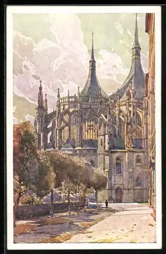 Künstler-AK Jaroslav Setelik: Strassenpartie vor einem Dom