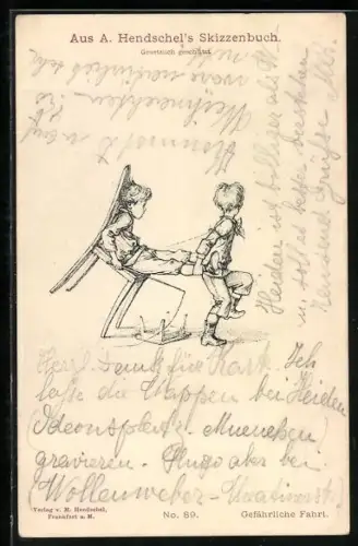 Künstler-AK Albert Hendschel: Zwei Jungen gehen mit einem wackeligen Stuhl auf eine gefährliche Fahrt