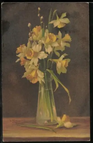 Künstler-AK Catharina Klein: Blumenvase mit Narzissen