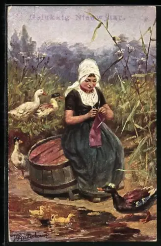 Künstler-AK Johan Georg Gerstenhauer: Bäuerin strickt am Flussufer, umringt von Enten und Gänsen