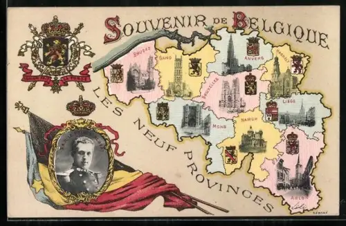 AK Belgien, S. A. R. le Prince Albert, les Neuf Provinces mit Wappen und Kirchen, Bruges, Gand, Namur