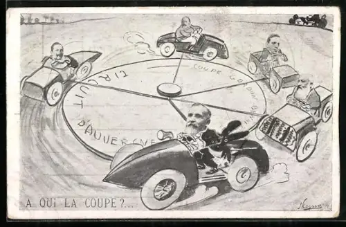 Künstler-AK sign. Nemo: A qui la Coupe?, Loubet, Wilhelm II., König von Spanien, etc. in Karussell