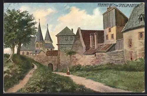AK Frankfurt a. M., Schaumaintor, Stadtmauer, Tor, Kirche