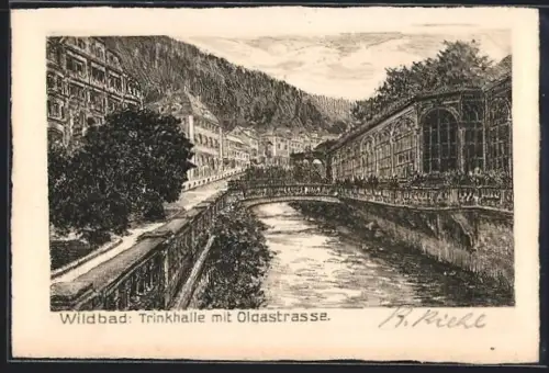 Künstler-AK Wildbad / Enz, Trinkhalle mit Olgastrasse