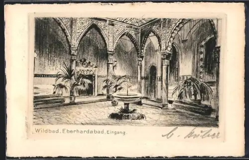Künstler-AK Wildbad / Enz, Eberhardsbad, Eingang