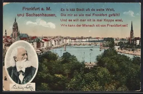 Lithographie Frankfurt a. M., Mainufer, Brücke, Kaiserdom, Porträt Friedrich Stoltze