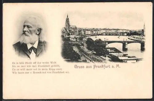 AK Frankfurt a. M., Mainbrücken u. Stadtpanorama, Porträt F. Stoltze