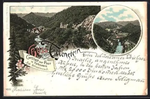 Lithographie Tiefenstein / Albbruck, Gasthof zur Post, Landschaftspanoram