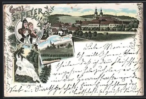 Lithographie St. Peter / Schwarzwald, Totalansicht, Frauen in Tracht, Lindenberg und unterer Zwerifall