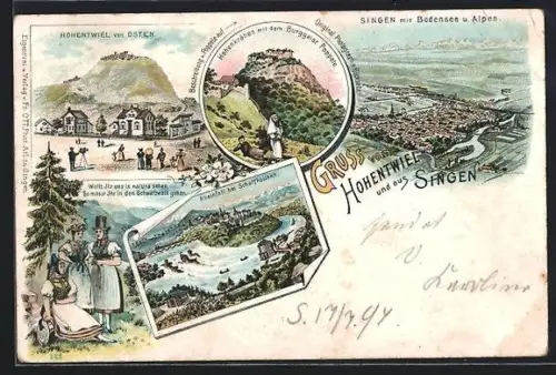 Lithographie Singen / Hohentwiel, Blick vom Ort, Hohenkrähen mit Burggeist Poppele