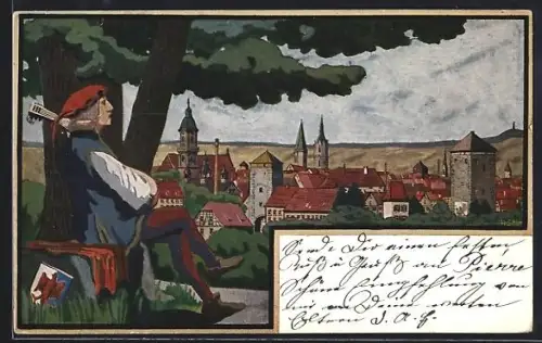 Künstler-AK Villingen / Baden, Ortsansicht, Lautenspieler unterm Baum, Wappen