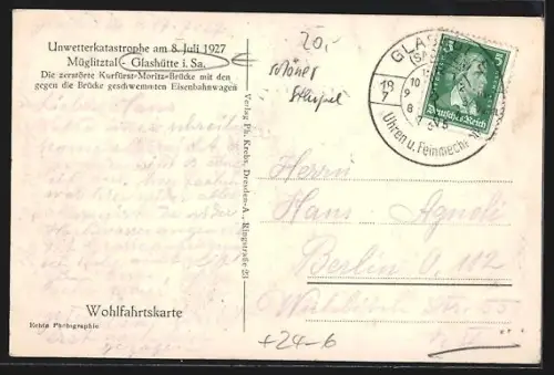 AK Glashütte / Müglitzta, Hochwasser vom 8.7.1927, Zerstörte Kurfürst-Moritz-Brücke mit angeschwemmten Eisenbahnwagen