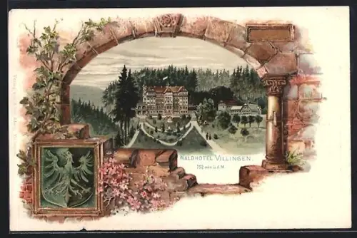 Passepartout-Lithographie Villingen / Baden, Waldhotel, geprägtes Wappen in der Mauer