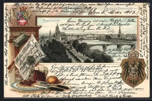 Passepartout-Lithographie Frankfurt a. M., Totalansich, Echte Frankfurter Würstchen, Wappen