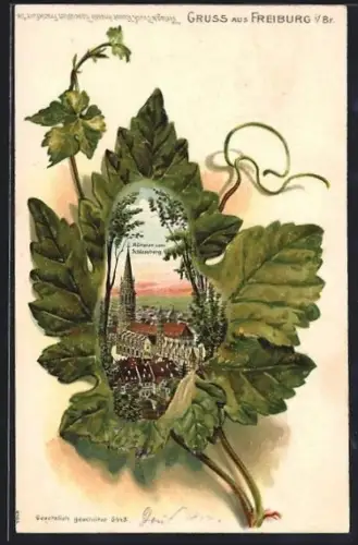 Passepartout-Lithographie Freiburg / Breisgau, Münster vom Schlossberg, Wein