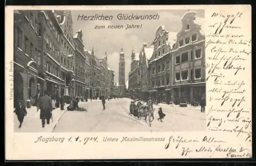 AK Augsburg, Untere Maximilianstrasse mit Pferdeschlitten im Winter, Neujahrsgruss