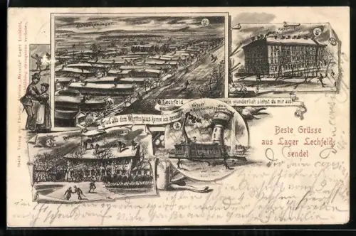 Lithographie Lager Lechfeld, Restaurant Steinernes Haus, Barackenlager und Kaserne bei Mondschein