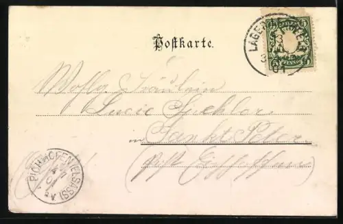 Lithographie Lager Lechfeld, Restaurant Steinernes Haus, Barackenlager und Kaserne bei Mondschein