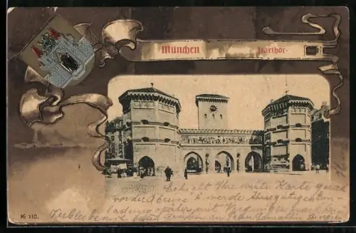 Lithographie München, Isartor, Wappen Passepartout