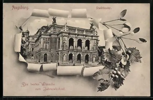 AK Augsburg, Stadttheater, Misteln, Neujahrsgruss, Passepartout