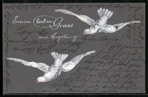 Präge-AK Augsburg, Zwei weisse Tauben im Flug