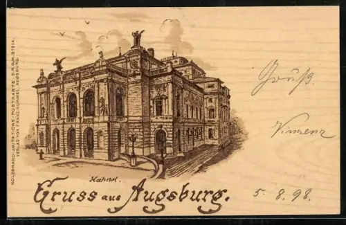 Holzbrand-Imitations-AK Augsburg, Hahnel