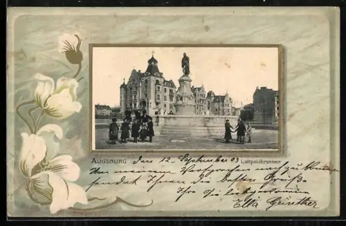 Lithographie Augsburg, Luitpoldbrunnen, Weisse Blumen, Passepartout