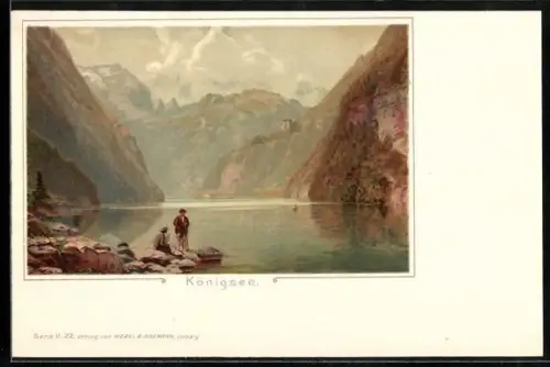 Lithographie Königsee / Obb., Seeufer mit Gebirgslandschaft