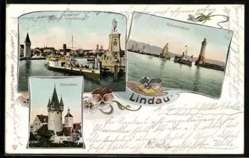 AK Lindau / Bodensee, Hafeneinfahrt, Diebsturm, Leuchtturm